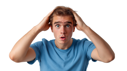 Young Caucasian man with surprised expression and hands on head, isolated on white transparent background
