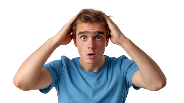 Young Caucasian man with surprised expression and hands on head, isolated on white transparent background