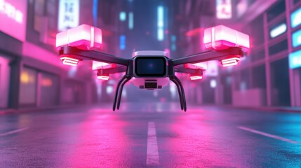 A futuristic cargo drone delivering packages in a cyberpunk city, illuminated by red and blue neon lights