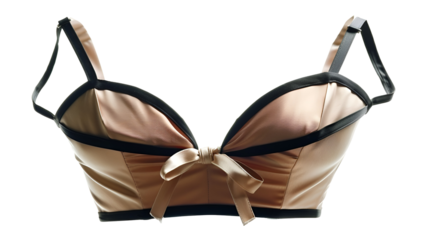 Elegant blush pink satin bra with black trim bow detail