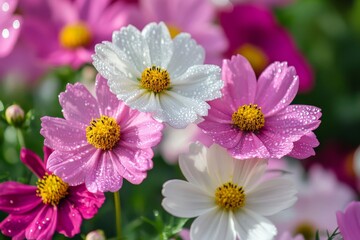 Obraz premium Macro photography of pink and white cosmos flowers with yellow centers and morning dew in a garden