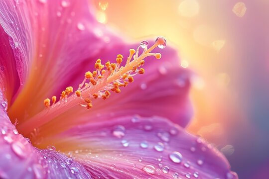 Pink hibiscus dew drops soft bokeh background