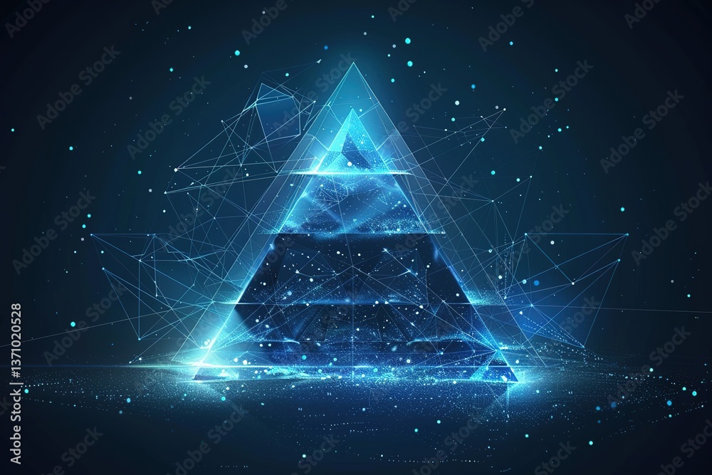 Poster glowing pyramid network: a digital pyramid structure with interconnected lines and dots