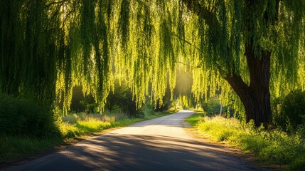 Obraz premium Sunlit path through a lush, weeping willow tree canopy in a serene setting.