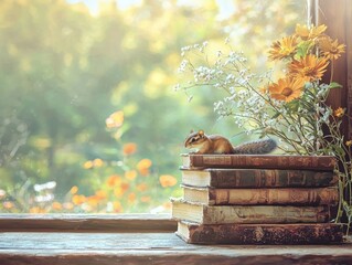 A whimsical scene featuring a chipmunk resting atop a stack of old books next to a window with flowers and a garden view.