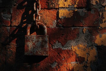 A rusty padlock hangs from a chain against an old brick wall with peeling paint.