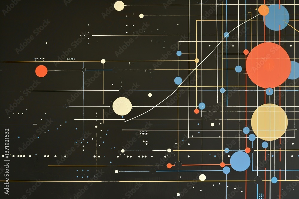 Poster abstract data visualization with lines circles and dots on a dark background