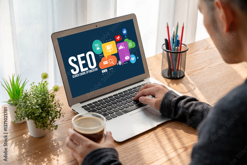 Wall mural seo search engine optimization for modish e-commerce and online retail business showing on computer 