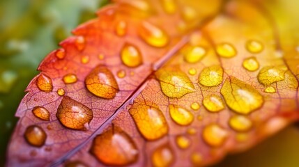 Colorful leaf covered in dew water droplets.