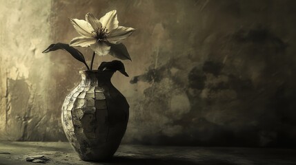 Solitary flower blooms in cracked earthenware vase.