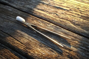 Silver tweezers holding a white cotton ball rest on a weathered wooden surface bathed in warm sunlight.