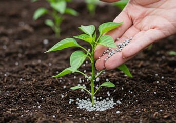 Nurturing Life: A close-up shot of a nurturing hand gently feeding a young plant with essential nutrients. It symbolizes growth and the symbiotic relationship between humanity and nature.