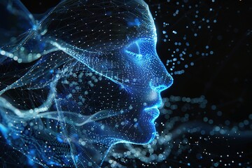 Digital Profile: A glowing blue network forms a human face in profile against a black background