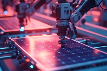 Robotic arms in action  advanced solar panel production line with photovoltaic technology background