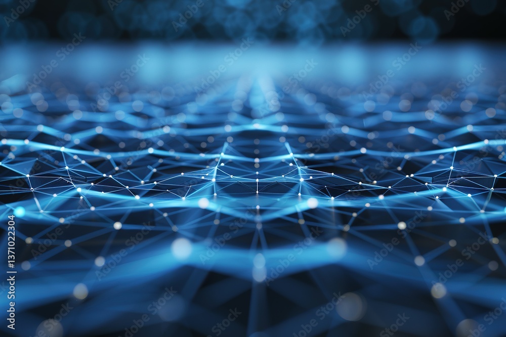 Poster blue abstract network: interconnected nodes and lines suggesting data flow