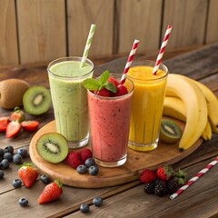 Vibrant Fruit Smoothies Trio – Kiwi, Berry, and Tropical Blends in Clear Glasses