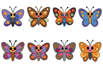 Colorful set of vector butterflies in a seamless nature design with flowers 