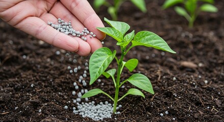 Nurturing Growth: A close-up shot showcases a hand carefully scattering fertilizer around a vibrant, young plant in rich soil.