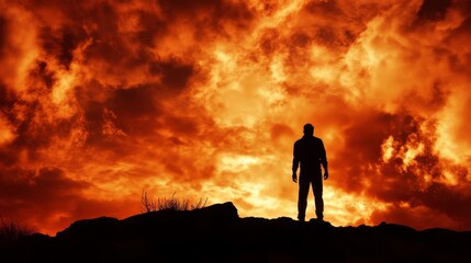 Fototapeta premium Silhouetted figure watches dramatic orange clouded sky.