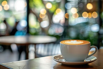 Latte Art: Close-up of coffee with a foamy design in a bright cafe atmosphere