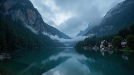 Misty Lake Blausee in Switzerland at night under heavy rain. Dark waters reflect dim lights, surrounded by dense forest. A serene yet dramatic high-quality professional photo.