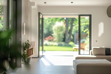 Fototapeta premium Bright interior view of modern living room with open sliding door to garden outside