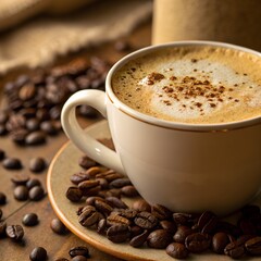 Frothy Cappuccino in a Coffee Cup with Aromatic Beans – Rich and Inviting Café Experience