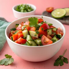 Fresh Vegetable Salad with Tomatoes and Cucumbers in a White Bowl – Vibrant and Healthy Meal