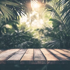 Wooden Table Tropical Jungle Background Summer