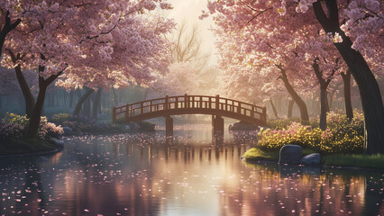Fototapeta premium Pink Sakura Blooming in a Tranquil Zen Garden