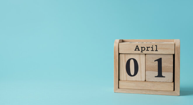 April Fools Day Calendar Block - Wooden block calendar showing April 1st, symbolizing springtime, new beginnings, jokes, pranks, and lighthearted fun