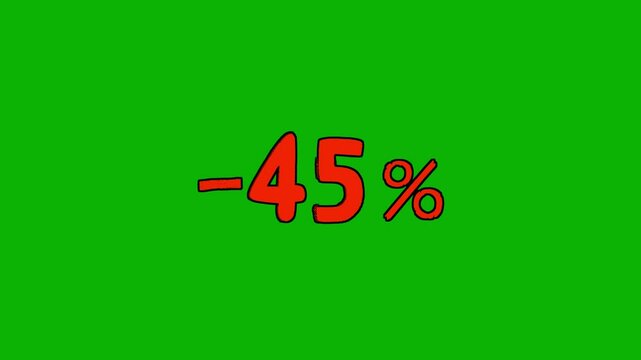 Animated "-45%" in red font flickering on a bright green chroma key background. Great for aggressive discount ads, clearance sales, or animated ecommerce overlays.