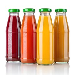 Colorful Fruit Juice Bottles with Green Caps on a White Background