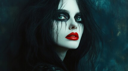 Striking woman with dramatic black hair, white face paint, and bold red lips. Piercing blue eyes and intricate makeup create a captivating, mysterious portrait