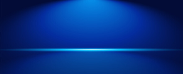 Studio background dark blue gradient neon light glowing bright floor and wall, empty room interior for display product in night tone and shiny surface for car, motorcycle, modern technology.