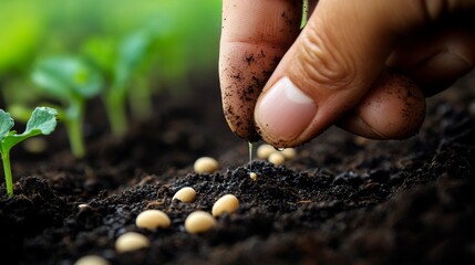 Hand planting seeds in fertile dark soil.