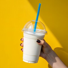 Creamy Vanilla Milkshake in Clear Cup with Blue Straw Against Yellow Background