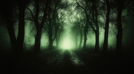 Fototapeta premium Dark forest path leads to glowing light in the fog. Eerie and mysterious