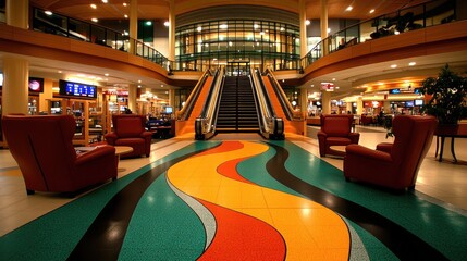 Bright interior escalator, colorful floor design, seating, and balconies with warm lighting