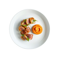 Delicate slices of charcuterie are artfully arranged with vibrant pureed vegetables, showcasing high-end culinary artistry and flavor.