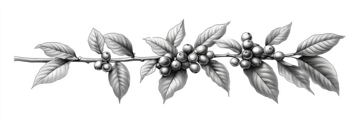 Fototapeta premium A line art logo featuring a coffee branch, a coffee bean illustration, a coffee plant doodle icon, a painting, and a coffee twig
