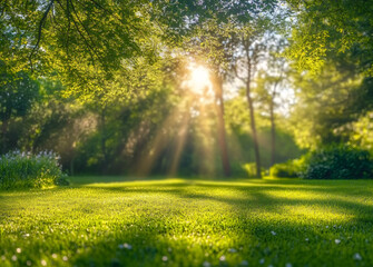 Obraz premium green natural background with sun rays and trees in spring park