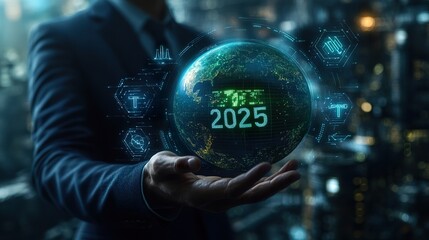 A sustainability strategist in a dark blue suit holding a digital projection of a green planet with "2025" net-zero emissions goals, surrounded by futuristic clean-energy symbols. 