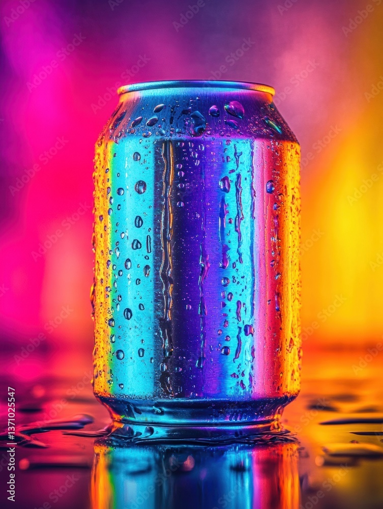 Poster soda can glistens with condensation against a vibrant and colorful background reflecting bright hues