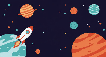Naklejka premium Rocket Ship Journey Through Space - A vibrant cartoon rocket soars past colorful planets and stars in a dark space. Perfect for kids' education or space-themed projects