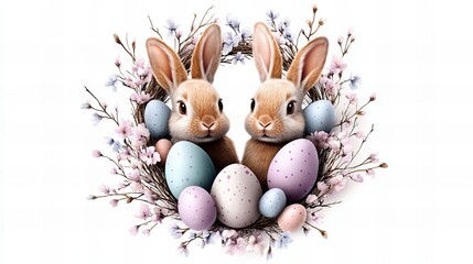 Obraz premium Two Easter bunnies are nestled within a wreath of pastel eggs and delicate floral branches on a white background.