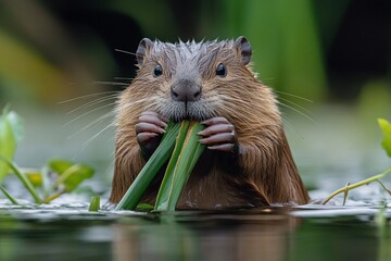A close-up shot of a beaver enjoying a meal of aquatic plants. The beaver's fur is wet, and its expression is peaceful.