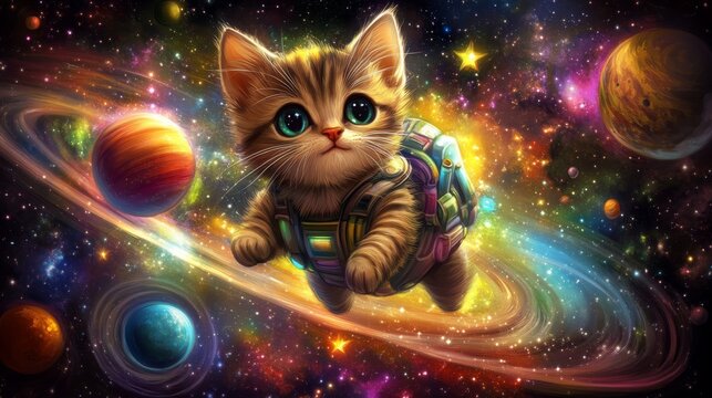 A three-dimensional cartoon depiction of a cat astronaut navigating outer space, amid a backdrop of colorful planets and stars