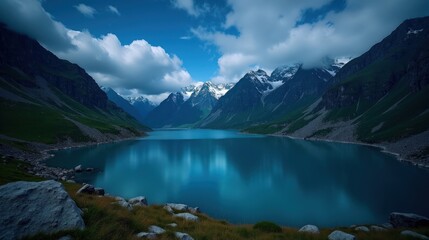 A high-quality photo of Lake Silvaplana in Switzerland during the night, sunny weather, shot from above, emphasizing the serene water surface and surrounding landscape.