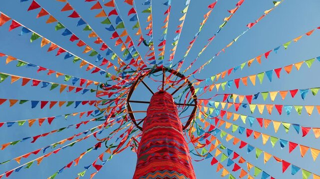 Pagan decorations with colorful flags at a festival in Moscow.